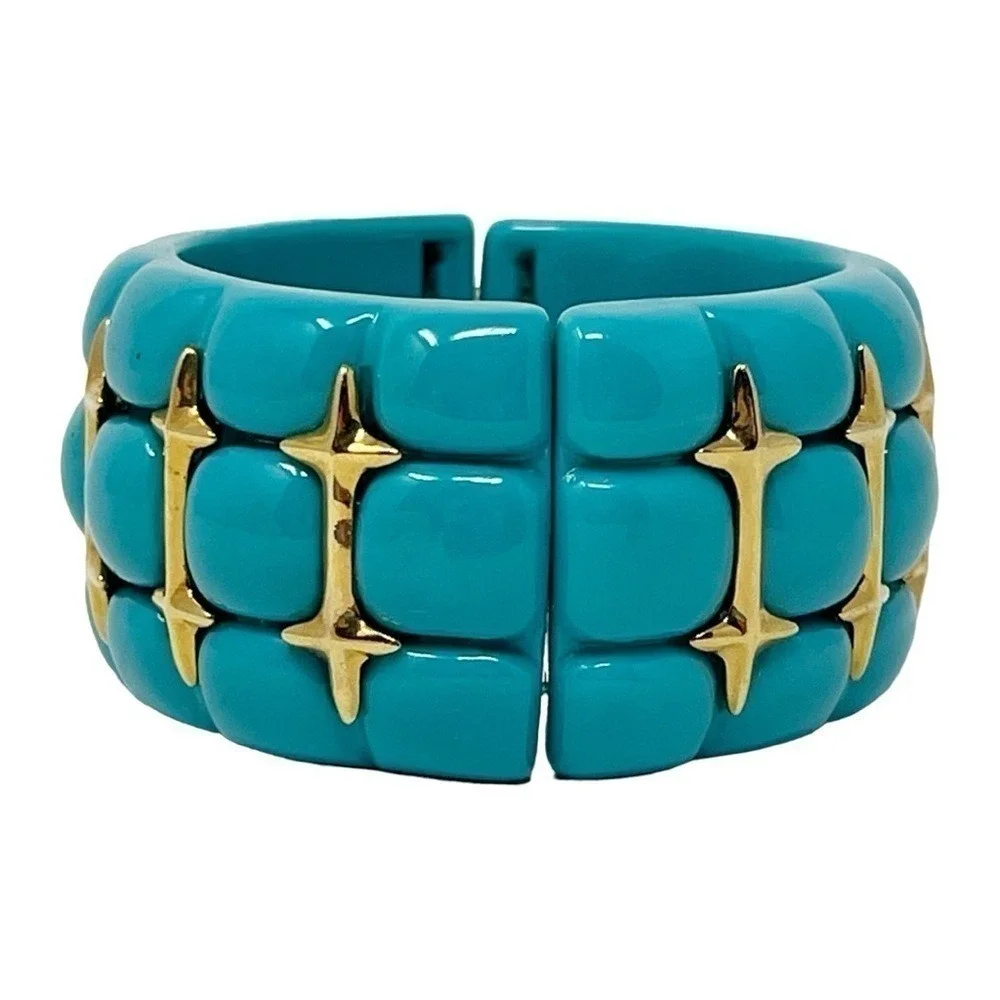 Wendy Williams Stretch Cuff Bracelet Turquoise Color Lucite Gold Tone Accents